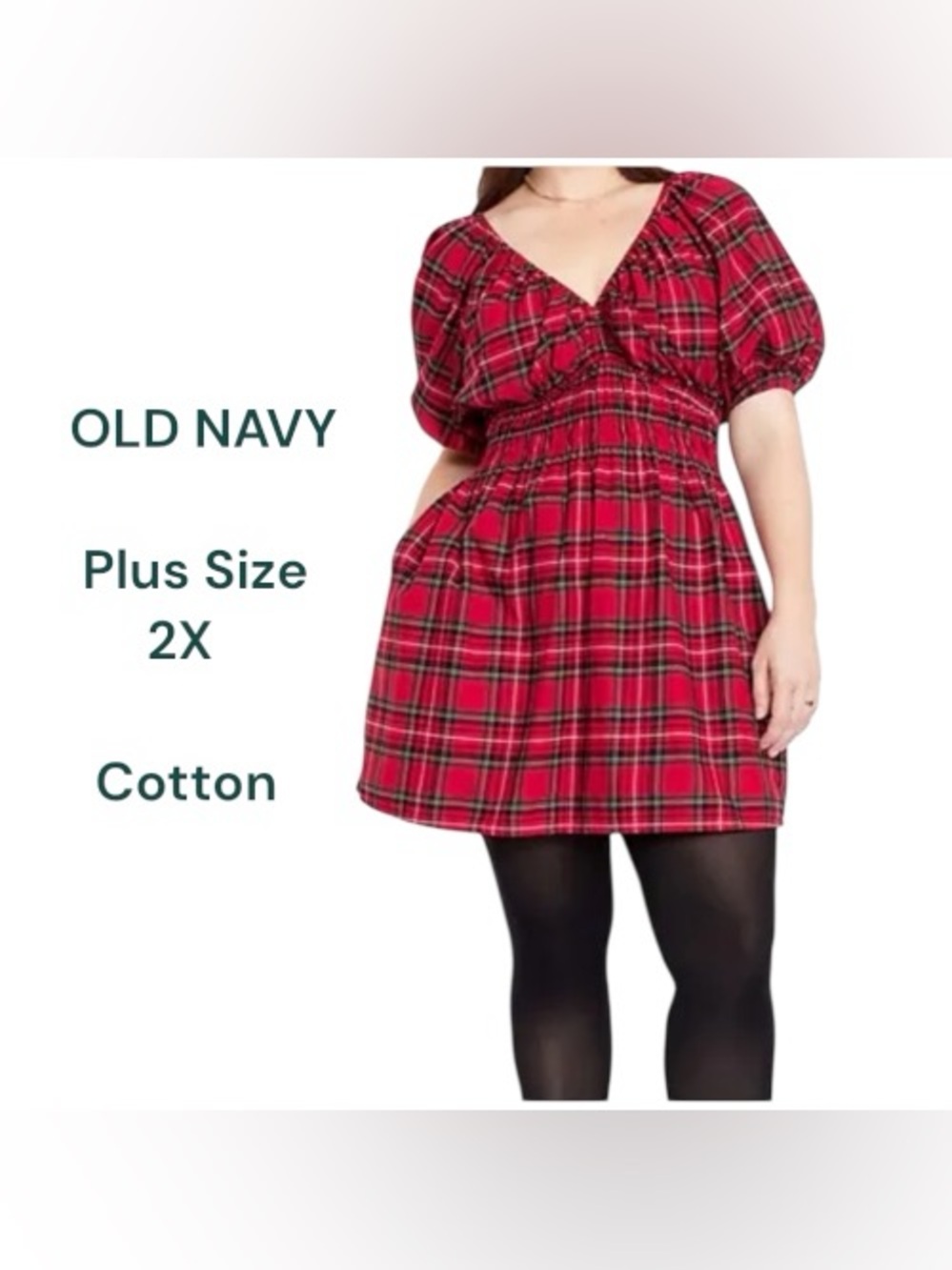 Old Navy Plaid Waist-Defined Mini Dress A Line Puff Sleeves Red and Green 2XL